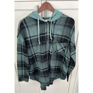 Ardene‎ Hooded Flannel Shirt Plaid Button Up Long Sleeve Top S/P